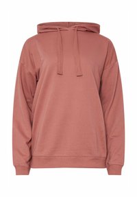 Pullover con cappuccio realizzato in un delicato tessuto rosa tenue. Presenta maniche lunghe, una vestibilità ampia e lacci sul colletto.