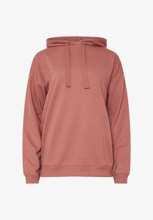 Hættetrøje lavet af blødt stof i en afdæmpet rosa farve. Har lange ærmer, en afslappet pasform og snore ved halsen.