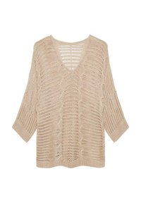 Suéter beige de punto con escote en V y mangas tres cuartos. Presenta un patrón de tejido abierto texturizado y un corte relajado.