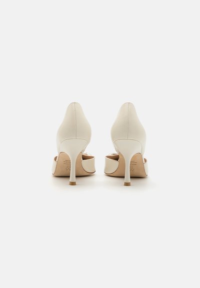 Baltas ādas augstpapēžu kurpes ar šauru purngalu, ar gludu virsmu un elegantu stiletto papēdi. Minimālistisks dizains.