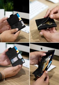Black leather wallet with multiple card slots, zippered coin compartment, and clear ID window, displayed in various opened views.