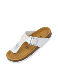 White thong sandal with a silver buckle, cork footbed, and padded leather strap. Lightweight rubber outsole with a textured surface.