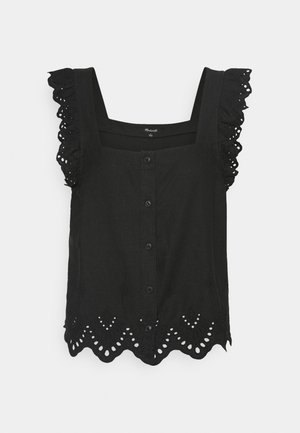 Blouse noire sans manches avec boutonnière devant, encolure carrée, détails d'épaule en dentelle volantée et ourlet festonné à œillets.