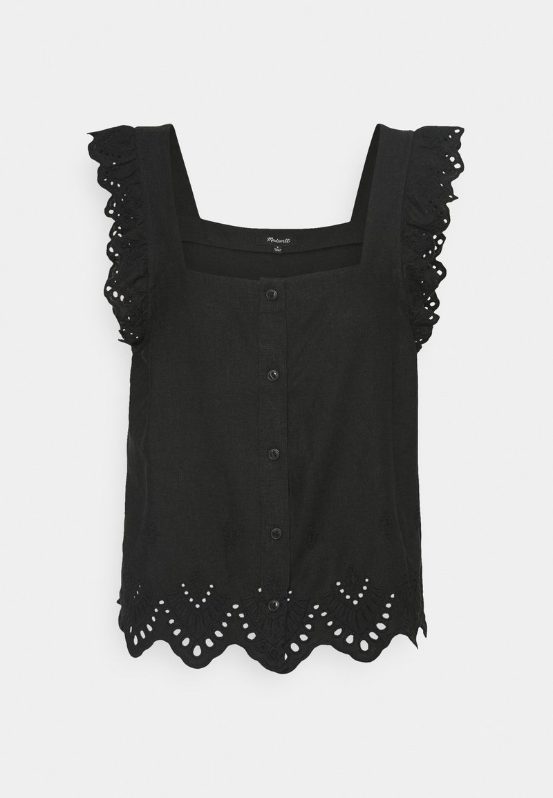 Blouse noire sans manches avec boutonnière devant, encolure carrée, détails d'épaule en dentelle volantée et ourlet festonné à œillets.