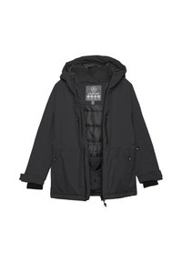 Melnā izolētā jaka ar kapuci, kas aprīkota ar rāvējslēdzēju un pogām, elastīgām piedurknēm un priekšējām kabatām. Gluda virsma ar kvadrātveida oderi.