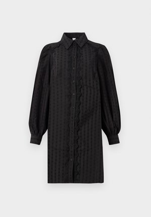 Schwarzes, knopfbares Kleid aus glattem Stoff, mit einem strukturierten Muster, Puffärmeln und einem dekorativen Spitzenbesatz entlang der Front.