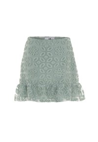 Falda verde bordada con patrones florales, un dobladillo acampanado y una textura suave. Diseñada con una cintura ajustada.