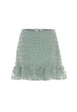 Grüne bestickte Rock mit Blumenmustern, einem ausgestellten Rüschensaum und einer glatten Textur. Entworfen mit einer taillierten Passform.