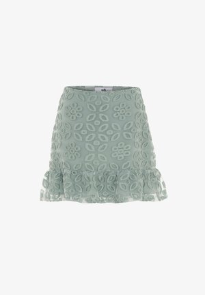 Grüne bestickte Rock mit Blumenmustern, einem ausgestellten Rüschensaum und einer glatten Textur. Entworfen mit einer taillierten Passform.