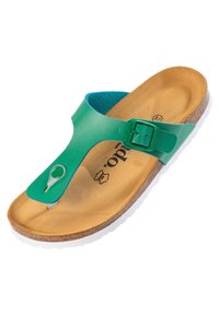 Grön flip-flop sandal med läderrem och justerbar spänne, med en korkfotbädd och vit gummisula.