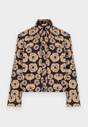 Schwarzes Hemd zum Knöpfen mit langen Ärmeln, versehen mit einem beigen und blauen abstrakten Blumendesign und einem spitzen Kragen.