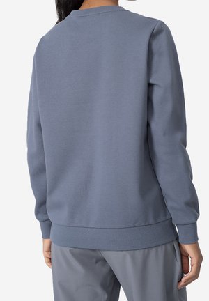 Personne portant un sweat-shirt bleu-gris à manches longues et col rond, ainsi qu'un pantalon assorti de la même couleur, vue de dos, immobile.