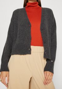 Cardigan grigio scuro con una texture morbida, apertura frontale e tre bottoni. Indossato sopra un dolcevita rosso, abbinato a pantaloni beige.