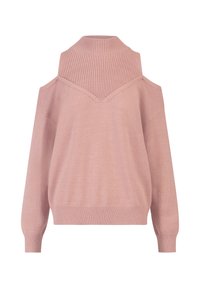 Rosa gestrickter Pullover mit Rollkragen, kaltem Schulterdesign und gerippten Akzenten. Lockere Passform mit einer glatten Textur.
