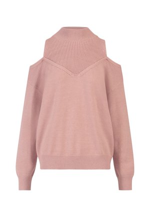 Pull en tricot rose avec un col roulé, des épaules dénudées et des accents côtelés. Coupe ample avec une texture lisse.