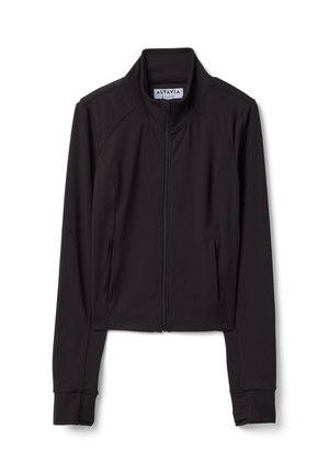Chaqueta negra de manga larga con cremallera, cuello alto y agujeros para los pulgares en los puños, mostrada extendida, etiqueta Altavia Studio dentro del cuello.