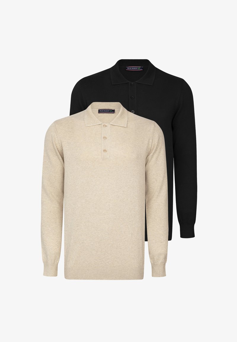 To lange langærmede poloer: en i beige med struktureret strik og tre-knaps lukning, og en i ensfarvet sort bagved.
