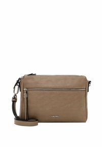 Tan leather crossbody bag with a textured finish, featuring a front zip pocket, adjustable strap, and logo detail on the front.