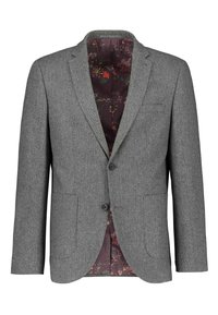 Grå hætteblazer med notch-lapel, to frontlommer og to knapper. Mørkt blomster mønstret foer er synligt indeni.