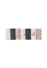 Ensemble de six chaussettes présentant divers motifs et couleurs : beige clair, gris foncé, et des designs incluant des personnages de dessins animés et des textures.