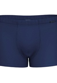 Boxer shorts blu navy con un sottile motivo geometrico. Realizzati in un tessuto liscio e elasticizzato con vita media e senza hardware visibile.