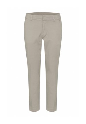 Beige bomuldsbukser med slim fit, flad front og almindelige bæltestropper. Har tapered ben og minimale syningsdetaljer.