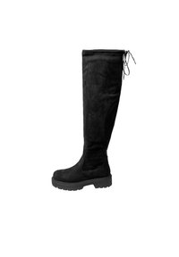 Svarta mocka över knä-boots med en chunky gummisula, som har en smal öppning högst upp och snöringsdetalj baktill.