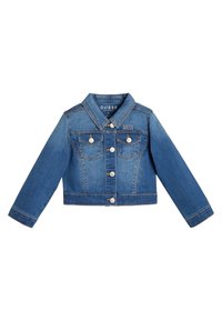 Croppad jeansjacka i medelblått, med klassisk krage, knappstängning, två framfickor och broderad logga på bröstet.