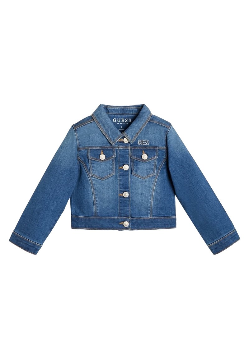 Croppad jeansjacka i medelblått, med klassisk krage, knappstängning, två framfickor och broderad logga på bröstet.