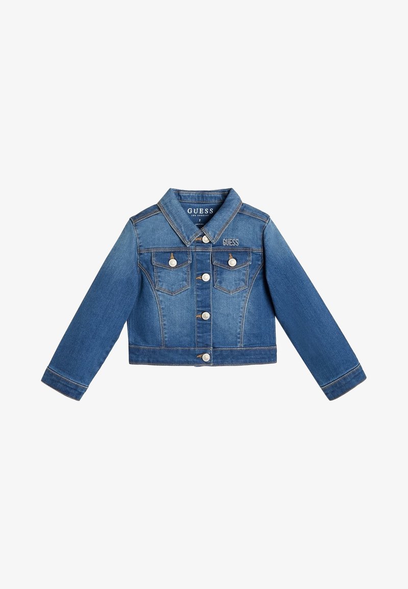 Croppad jeansjacka i medelblått, med klassisk krage, knappstängning, två framfickor och broderad logga på bröstet.