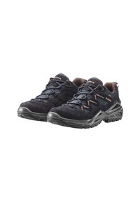 Un paio di scarpe da escursionismo nere con suole robuste, parte superiore in mesh e suede, design con lacci e colletto imbottito per supporto alla caviglia.