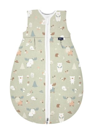 Baumwoll-Schlafsack in sanftem Grün mit verspielten Tiermotiven, Reißverschluss vorne, abgerundeter Form und ärmellosem Design für ein einfaches Anziehen.