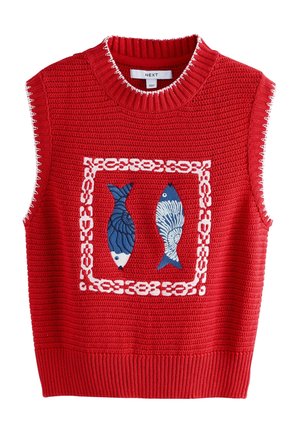 Pull sans manches rouge avec un col en côte, présentant des poissons brodés en bleu et blanc dans une bordure décorative. Matière tricotée texturée.