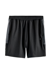 Shorts de sport noirs en tissu lisse, dotés de deux poches latérales, d'une ceinture élastique et d'accents gris sur les côtés.
