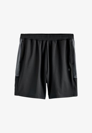 Mustad sportlikud lühikesed püksid, valmistatud siledast kangast, millel on kaks küljetaskut, elastne vöökoht ja hallid aktsendid külgedel.