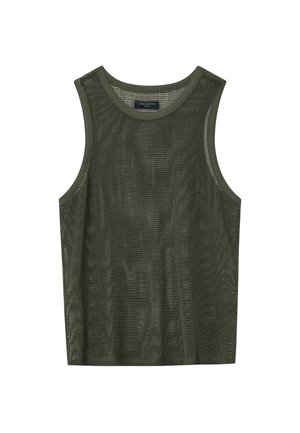 Top in rete verde oliva, senza maniche, realizzato in tessuto a rete con un motivo a griglia testurizzato e scollo rotondo, adatto per l'abbigliamento casual.