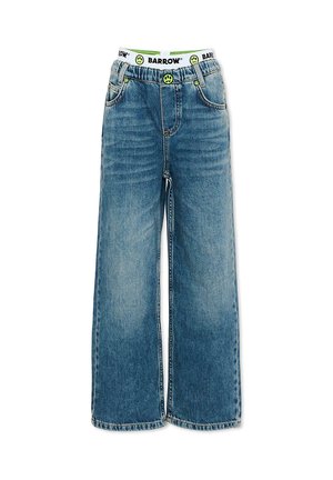 Wijde blauwe spijkerbroek met elastische tailleband, voorzien van groene knopjes met smileygezichten en "Barrow"-branding.