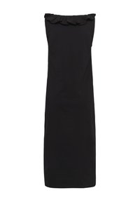 Robe midi noire sans manches avec col froncé et coupe droite, présentée sur fond blanc.