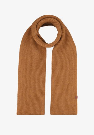 Rippenschal in einer warmen braunen Farbe, aus einem weichen Strickmaterial gefertigt. Verfügt über saubere Kanten und ein kleines Stoffetikett an einem Ende.