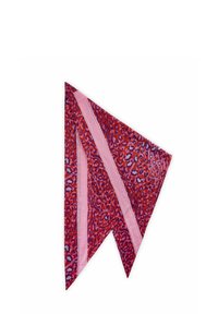 Rode zijden sjaal met een abstract luipaardprintpatroon en roze en paarse accenten, gevormd met puntige uiteinden en gedurfde designelementen.
