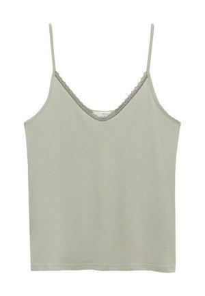 Lichtgroene katoenen tanktop met dunne bandjes, een V-hals en kantafwerking langs de halslijn. Glad materiaal, relaxte pasvorm, basaal ontwerp.
