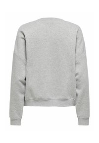 Lichtgrijze sweatshirt met lange mouwen, ribgebreide manchetten, zoom en ronde hals, van achteren weergegeven op een witte achtergrond.