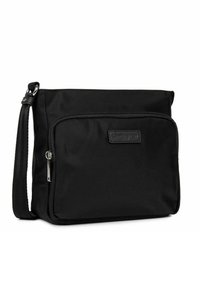 Borsa a tracolla nera in nylon con tracolla regolabile, tasca frontale con zip, texture liscia e logo del brand impresso sulla parte anteriore.