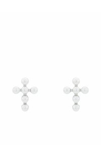 Pendientes de plata en forma de cruz, con perlas blancas brillantes dispuestas en un diseño simétrico y un acabado suave y pulido.