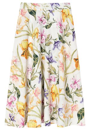 Floral skirt in light fabric featuring multi-colored flowers in purple, yellow, pink, and green on a white background; flared design.