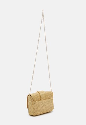 Woven cream handbag with a chain strap, rectangular shape, flap closure, and a textured surface featuring a subtle pattern detail.
