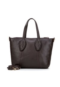 Sac fourre-tout en cuir noir avec une surface texturée, deux poignées et une bandoulière amovible. Présente des coutures délicates et des accents allongés sur les côtés.