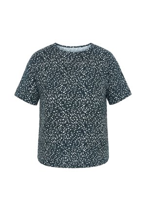 Zwarte korte mouwen blouse met ronde hals en een wit klein bloemmotief over de hele stof.