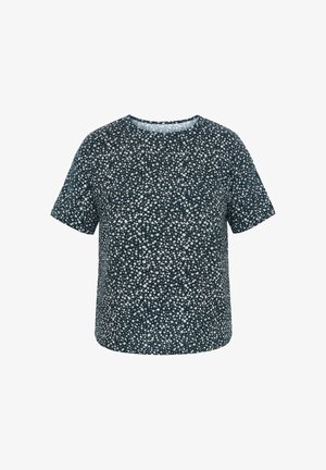 Zwarte korte mouwen blouse met ronde hals en een wit klein bloemmotief over de hele stof.
