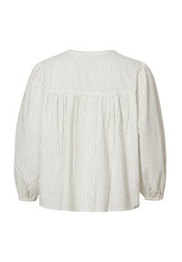 Crème-kleurige blouse met verticale strepen, ronde halslijn, balonmouwen en geplooide details aan de achterkant. Gemaakt van een zachte, gestructureerde stof.